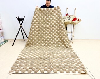 FLUFFY HANDMADE RUG, Checkered Brown & White Rug, Luxurious Moroccan Rug, Beni Ourain Area Rug, Tufted Berber Carpet, High-Quality Wool Rug