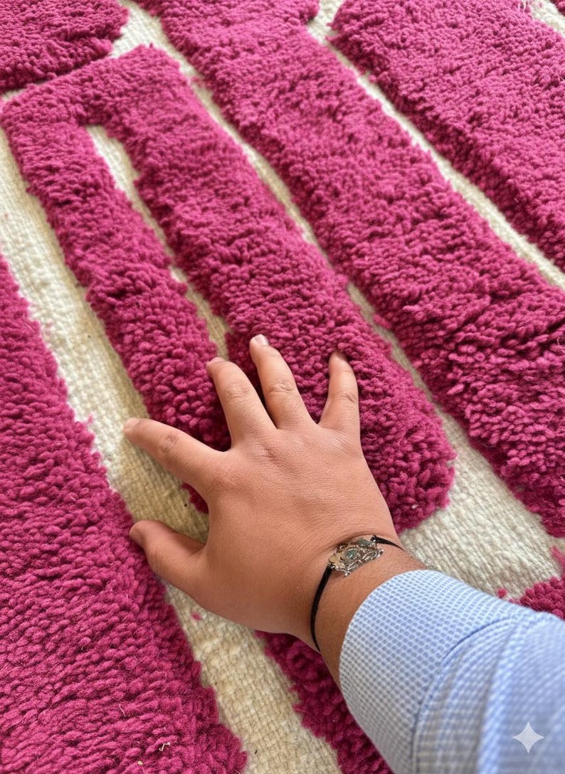May include: A close-up view of a rug with a textured, plush design. The rug features alternating stripes of fuchsia and off-white. The fuchsia stripes have a raised, looped texture. A hand wearing a bracelet is resting on the rug.