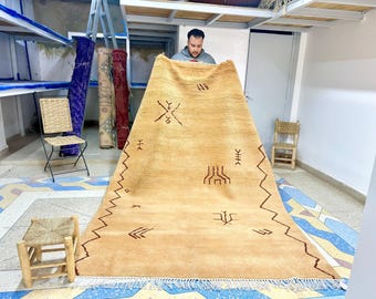 Moroccan Rug - Yellow and Brown Abstract Beni Ourain Wool Carpet - Handmade Minimalist Area Rug for Living Room or Bedroom