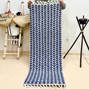 Blauwe Marokkaanse wollen loper - Abstracte Beni Ourain-tapijt - Op maat gemaakt Berber haltapijt