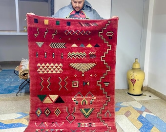 Moroccan Rug – Red and Black Abstract Beni Ourain Wool Carpet – Custom Handwoven Area Rug for Bohemian Living Room or Bedroom