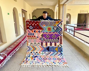 6.8x5.3FT Blue and Pink Moroccan Area Rug, Stunning Bohemian Wool Rug, Handmade Abstract Berber Rug, Cozy Colorful Chic Decor