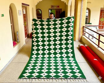 Custom Moroccan Wool Rug – Beni Ourain Green & White Checkered Design, Handwoven Berber Carpet, Square Shag Rug