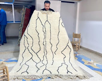 Moroccan Rug - Black and White Striped Beni Ourain Wool Carpet - Custom Handwoven Area Rug for Bohemian Living Room or Bedroom