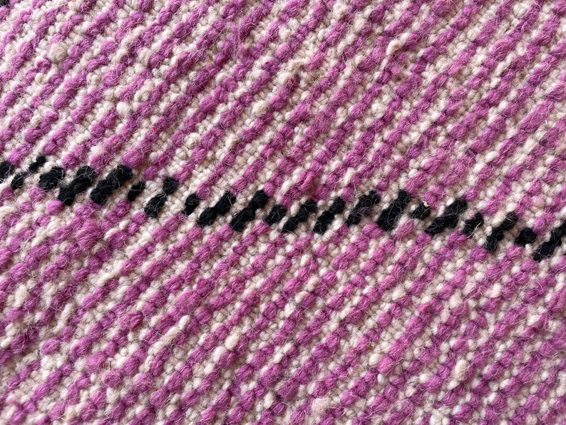 May include: Close-up of a woven fabric with a diagonal pattern in shades of pink and white. A black stripe runs horizontally across the fabric.