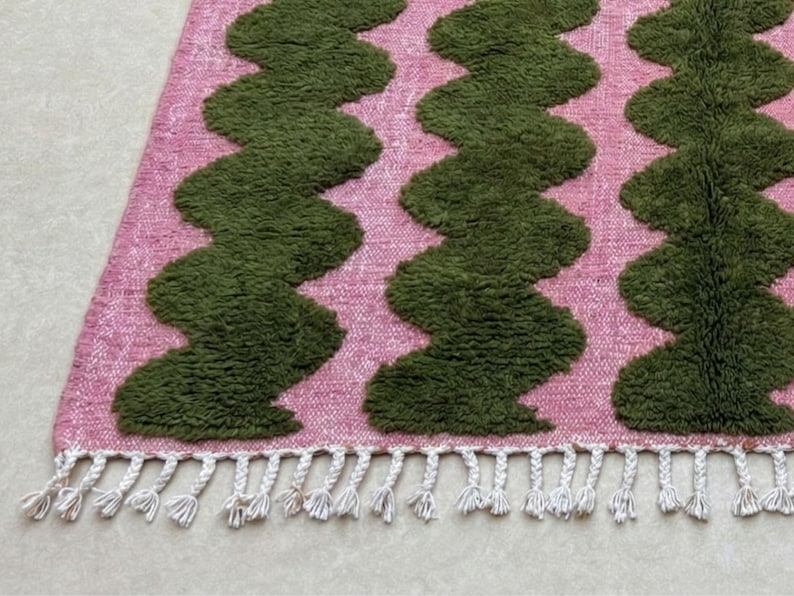 BENI OURAIN RUG, Moss Green & Pink Moroccan Berber Rug, Handmade Striped Wool Carpet, Contemporary Living Room Rug