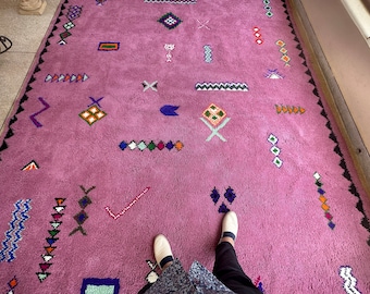 Pink Moroccan Rug - Handmade Abstract Beni Ourain Wool Carpet | Custom Bohemian Area Rug for Living Room