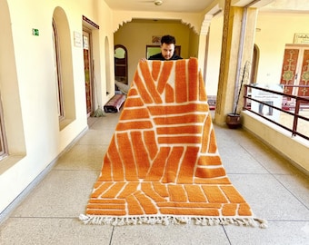 Orange MOROCCAN RUG, Geometric Beni Ourain Rug, Handmade Wool Carpet, Custom Made Area Rug, Abstract Berber Rug, Minimalist Interiors