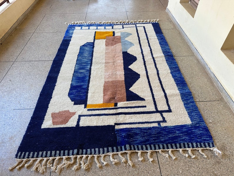 MOROCCAN WOOL CARPET, Handmade Wool Rug, Beni Ourain Rug, Moroccan Berber Rug, Blue And White Rug, Tribal Abstract Rug, Azilal Moroccan Rug image 2