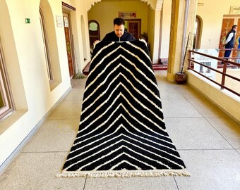 SHAG CARPET, Black Area Rug, Custom Moroccan Rug, Beni Ourain Wool Rug, Striped Pattern Berber Rug, Handmade Modern Floor Accent