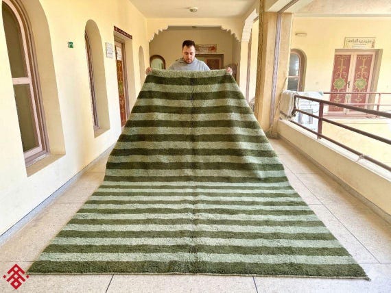 Olive & Sage Green Striped Area Rug | Handmade Moroccan Wool Rug | Custom Beni ourain Carpet