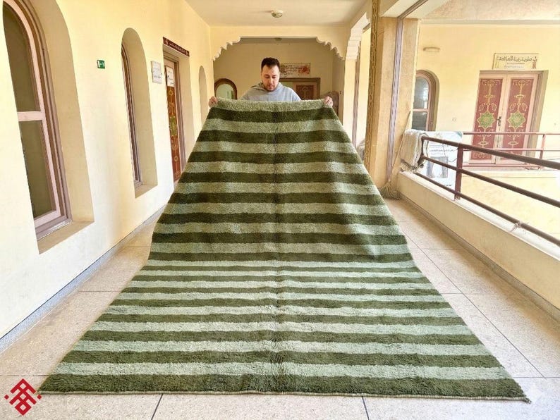 May include: A large, rectangular rug with horizontal stripes in varying shades of green. The rug is displayed in a hallway, showcasing its size and design. The rug's texture appears soft and plush, suitable for a living room or bedroom.