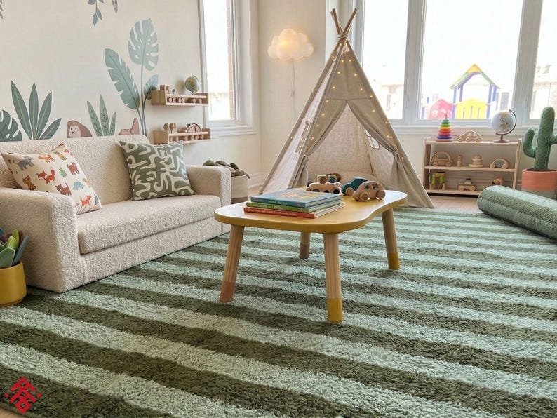 May include: A children's playroom with a cream-colored sofa, a yellow table, and a striped green rug. A canvas teepee is in the background, along with wooden toys and a cactus. The walls are decorated with jungle-themed murals.