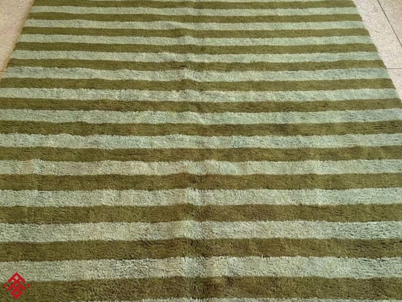 May include: A rectangular rug with alternating horizontal stripes of olive green and light green. The rug has a soft, textured appearance, suggesting a plush or shag design. The stripes are evenly spaced.