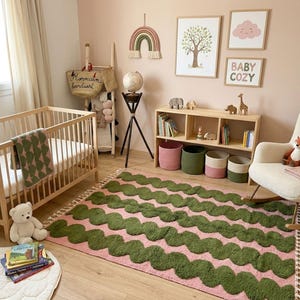 BENI OURAIN RUG, Moss Green & Pink Moroccan Berber Rug, Handmade Striped Wool Carpet, Contemporary Living Room Rug