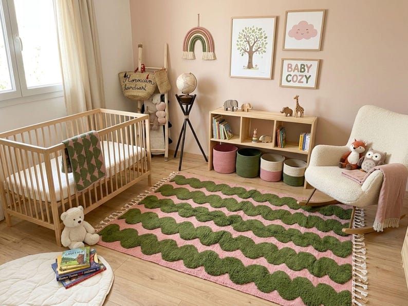 BENI OURAIN RUG, Moss Green & Pink Moroccan Berber Rug, Handmade Striped Wool Carpet, Contemporary Living Room Rug