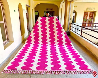 Pink Ivory Wavy Stripe Rug - Handwoven Moroccan Area Rug For Living Room