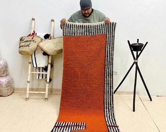 Moroccan Runner Rug | Custom Beni Ourain Carpet | Orange Shag Wool Stripe Hallway Decor