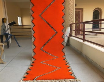 CUTE BENIOURAIN RUNNER, Handmade Checkered Runner Rug, Authentic Moroccan Rug, Striped Rug, Black and Blue Runner, Berber Rug, Pink Rug