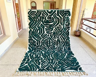 Teal Green Moroccan rug - Hand tufted Striped Beni ourain rug - Custom Size Berber Wool Area Rug