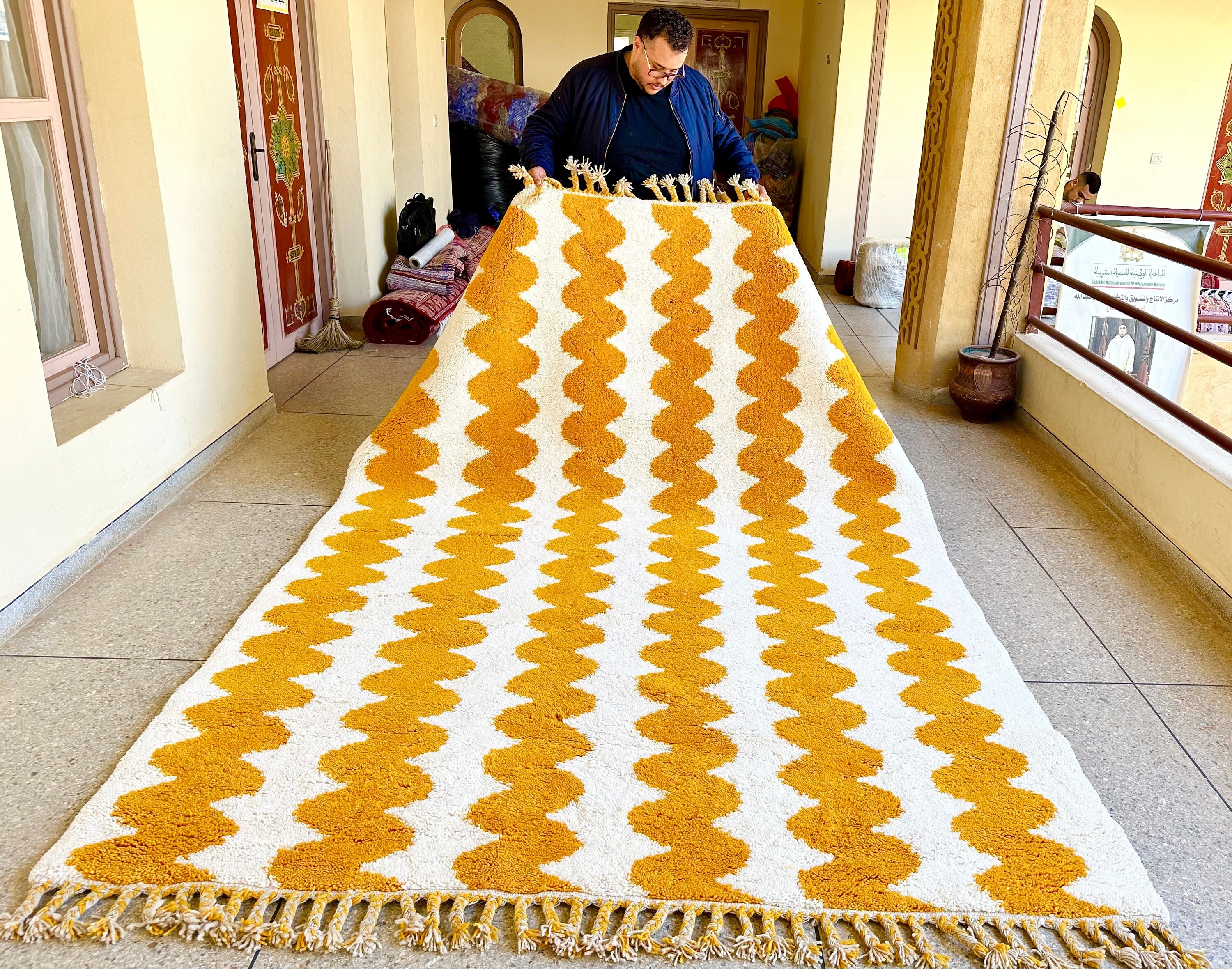 MOROCCAN WOOL CARPET, Custom Beni Ourain Rug, Yellow and White Striped Design, Contemporary Berber Area Rug, Handcrafted Comfort with Style