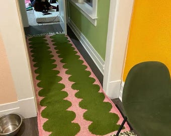 CUSTOM MOROCCAN RUNNER, Pink and Green Handmade Beni Ourain Rug, Hallway Berber Soft Wool Rug, Berber Rug for Bohemian Home Style