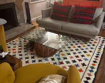 Moroccan Rug - White and Multicolor Dotted Beni Ourain Carpet - Abstract Handmade Wool Area Rug for Bohemian Living Room or Bedroom