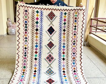 Moroccan Rug, Beni Ourain White and Multicolor Geometric Wool Carpet, Custom Handmade Soft Wool Area Rug for Bohemian Living Room or Bedroom