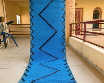 CUTE BENIOURAIN RUNNER, Handmade Checkered Runner Rug, Authentic Moroccan Rug, Striped Rug, Black and Blue Runner, Berber Rug, Blue Rug