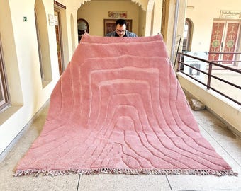 HAND KNOTTED RUG, Moroccan Beni Ourain Rug, Pink Berber Carpet, High-Quality Durable Wool Rug, Custom Size Area Rug, Tufted Beni Rug