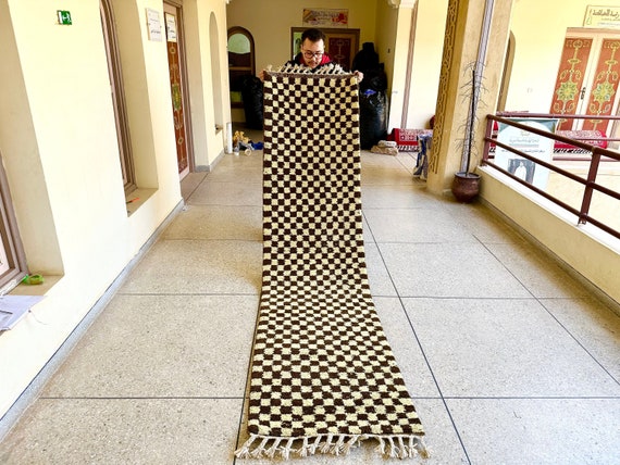 AUTHENTIC CHECKERED RUNNER, Beni Ourain Moroccan Carpet, Ivory and Brown Wool Hallway, Berber Kitchen Carpet, Hand Knotted Entryway Runner.