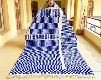 CHARMING BENIOURAIN RUG, Custom Moroccan Rug, Handmade BerBer Rug, White and Blue Rug, Handwoven checkered Rug, Wool Carpet, Area Rug.