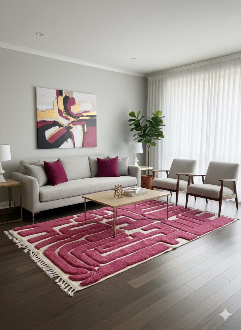 PINK AREA RUG, Custom Beni Ourain Moroccan Rug, Berber Wool Abstract Shag Carpet image 11