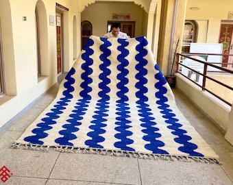 Moroccan Rug | Cobalt Blue & Ivory Wavy Beni ourain Rug | Handmade Striped Area Rug | Custom Berber Wool Carpet