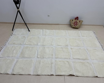 White Checkered Moroccan Rug | hand tufted Beni ourain Rug | Soft Wool Area Rug