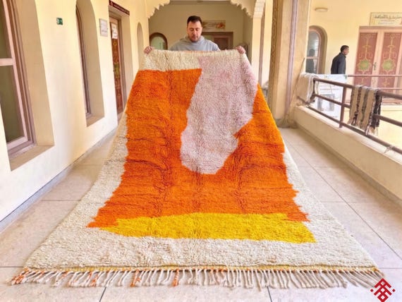 Moroccan Orange Rug, Beni ourain Abstract Wool Rug, Boho Living Room Shag Carpet