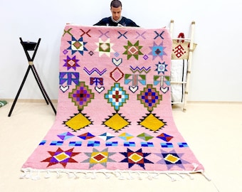 Soft Beni Ourain Shag Rug - Authentic Moroccan Carpet, Pink Abstract Design, Handmade Bohemian Area Rug, Handcrafted Living Room Wool Rug