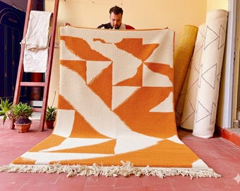 SOFT BERBER RUG, Handcrafted Moroccan Rug, Unique Beni Ourain Design, Orange Shag Area Rug, Custom Wool Carpet, Abstract Pattern Rug.