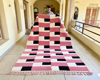 Custom Moroccan Wool Rug – Beni Ourain Blue & White Geometric Design, Handwoven Berber Carpet, Square Shag Rug,
