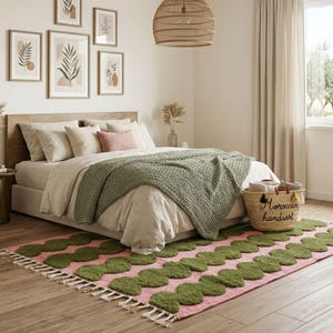 BENI OURAIN RUG, Moss Green & Pink Moroccan Berber Rug, Handmade Striped Wool Carpet, Contemporary Living Room Rug