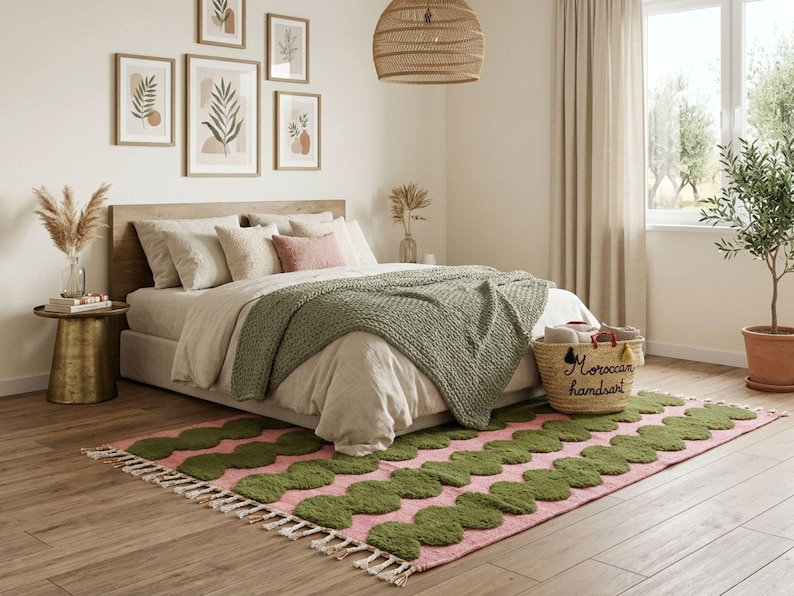 BENI OURAIN RUG, Moss Green & Pink Moroccan Berber Rug, Handmade Striped Wool Carpet, Contemporary Living Room Rug
