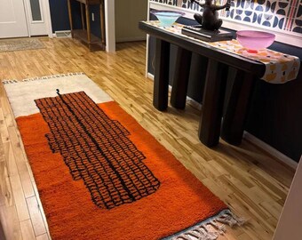 Runner Rug - Orange and White Abstract Beni Ourain Carpet - Handmade Custom Wool Hallway Area Rug for Bohemian Home Decor