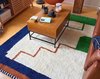 Custom Size Rug, Gorgeous Beni Ourain Moroccan Carpet, Handmade Fluffy Berber Rug, White and Green Area Wool Rug, Contemporary Living Room.