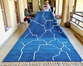 Geometric Moroccan Rug – Blue and White Stripe Beni Ourain Rug – Berber Handmade Sheep Wool Rug – Area Rug for Living Room or Bedroom