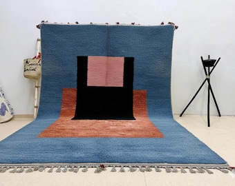 ARTISAN HANDMADE RUG, Soft Moroccan Shag Carpet, Beni Ourain Area Rug, Blue Berber Rug, Custom Size Wool Rug, Geometric Motifs.