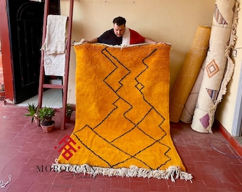 Beni Ourain Rug – Orange and Black Geometric Moroccan Carpet – Custom Striped Handmade Sheep Wool Rug for Scandinavian Home Style