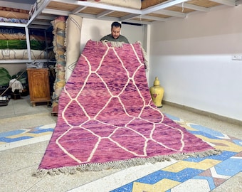 Moroccan Purple and White Rug – Geometric Beni Ourain Wool Carpet – Custom Handmade Soft Wool Area Rug for Boho Living Room or Bedroom