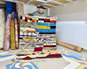 Funky Moroccan Rug, Hand-Knotted Wool Carpet, Beni Ourain Rug, Boujaad Style, 5.1x6.5ft Boho Azilal Area Rug, Authentic Berber Teppich