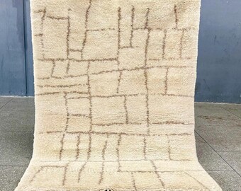 Grid Moroccan Rug - White and Brown Abstract Beni Ourain Wool Carpet - Custom Handmade Wool Area Rug for Contemporary Living Room or Bedroom
