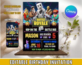 Invitación de cumpleaños de Fort Game, invitación para fiesta gamer, invitación para noche de Fort, invitación editable para gamer, plantilla gamer, Canva gamer